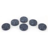 Set of six Parker prototype blue marbleised coasters, each 8cm in diameter (PROVENANCE: Made by