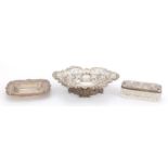 Silver items comprising pierced bon bon dish by William Comyns, rectangular coin dish and cut