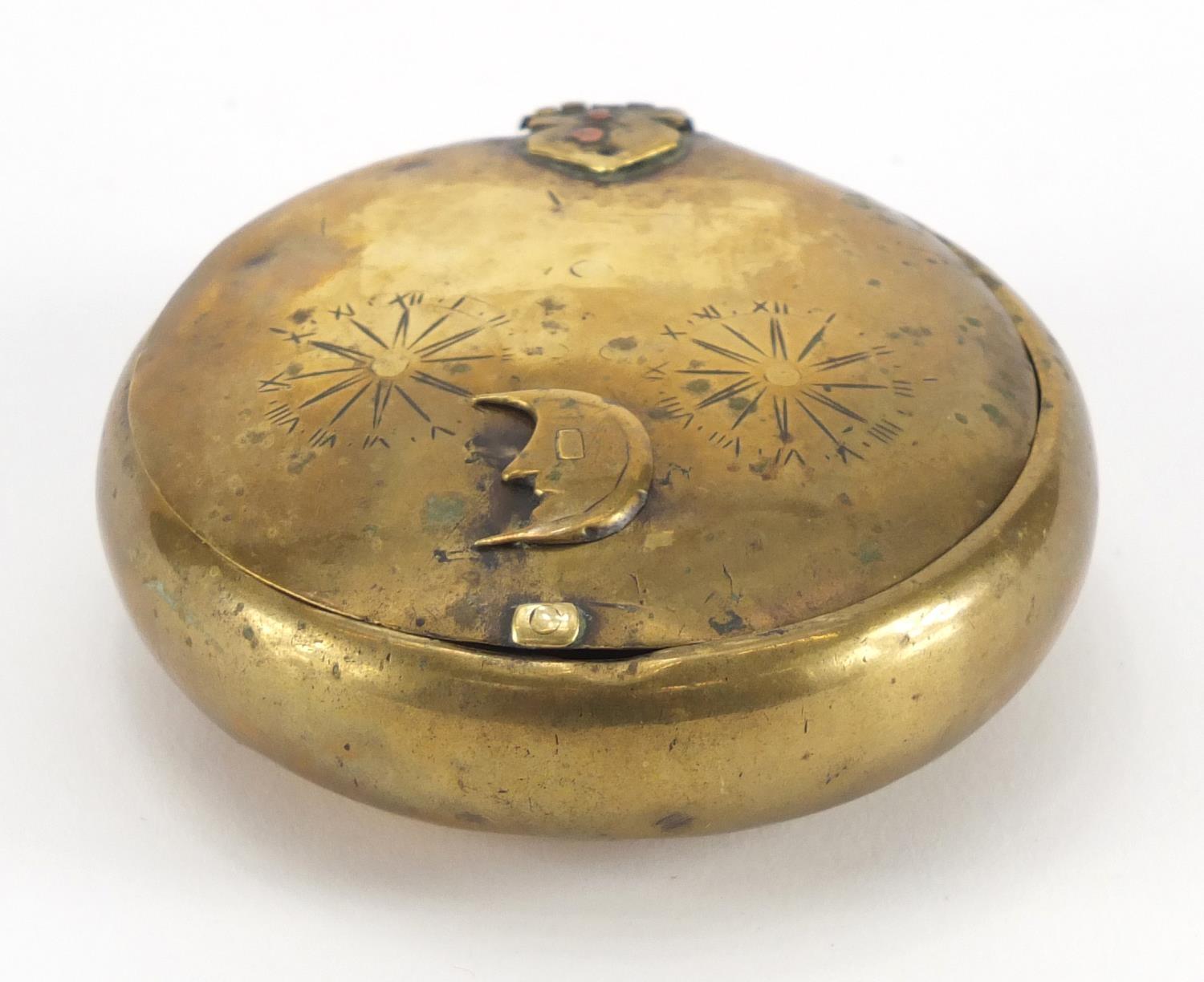 Late 18th century circular brass secret snuff box, 8.5cm in diameter :For Further Condition