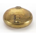 Late 18th century circular brass secret snuff box, 8.5cm in diameter :For Further Condition