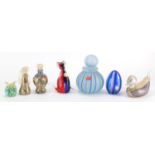 Murano glassware including animals and a Millefiori design scent bottle, with gold flecked