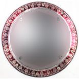 Bohemian red flashed circular mirror, with bevelled plate, 67.5cm in diameter : For Further