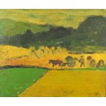 Primitive farm scene, oil on board, bearing an indistinct signature possibly Guss Deganet and