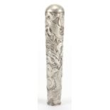 Chinese unmarked silver parasol handle, embossed with a dragon amongst clouds 10.2cm in length,