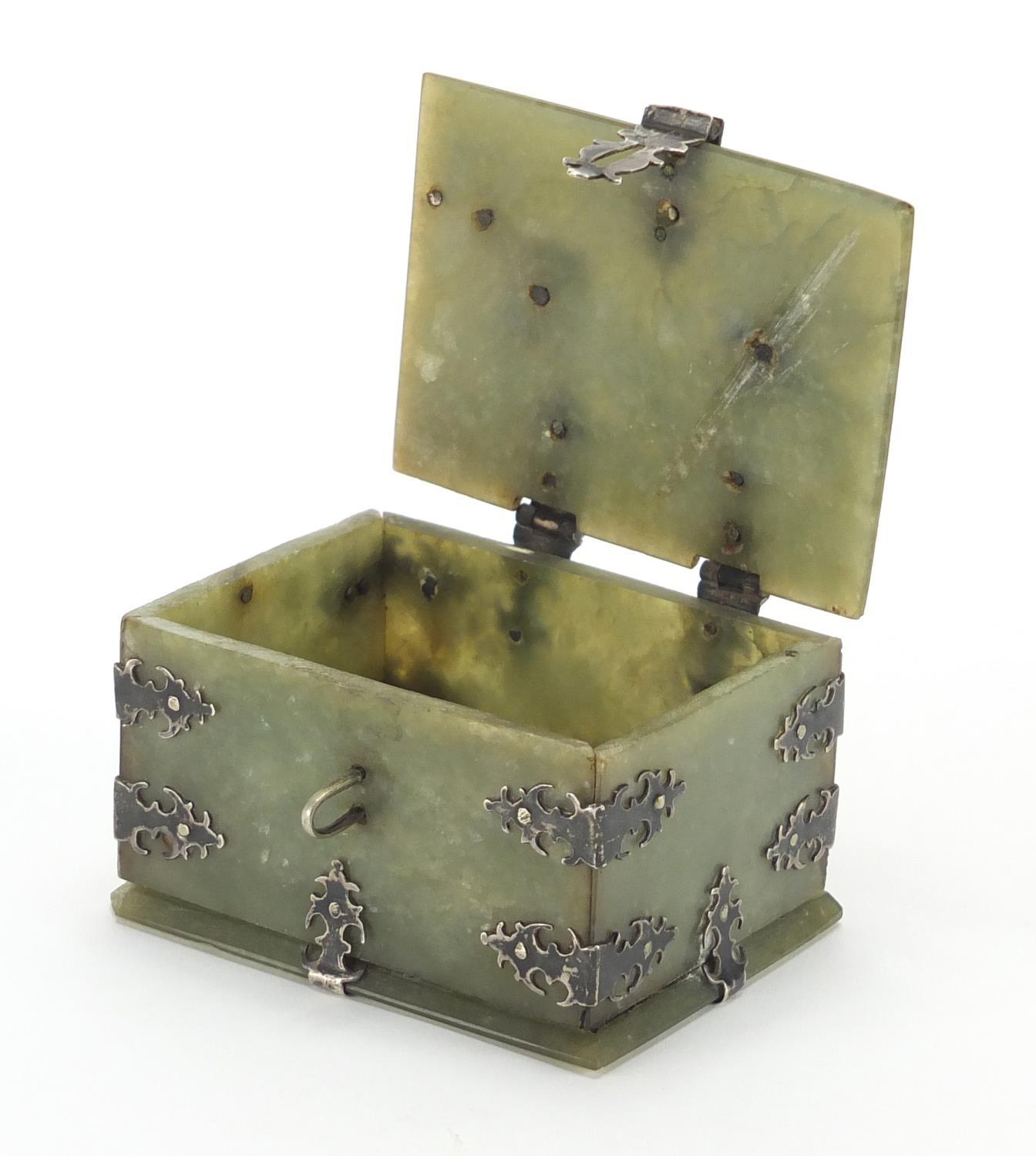 19th century Indian Mughal green jade casket, with silver mounts and swing handle, 5cm H x 9cm W x - Image 2 of 8