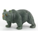 Carved green jade bear with beaded eyes, possibly Russian, 15.5cm in length :For Further Condition