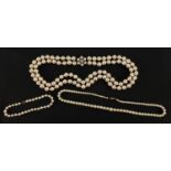 Two pearl necklaces and bracelets with 9ct gold and silver claps, the largest 40cm in length,