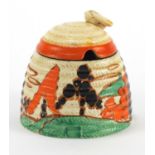 Clarice Cliff Bizarre pottery jar pot and cover, hand painted in the House and Trees pattern,