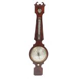 Victorian inlaid mahogany banjo barometer, with swan neck pediment and silvered dials, by L