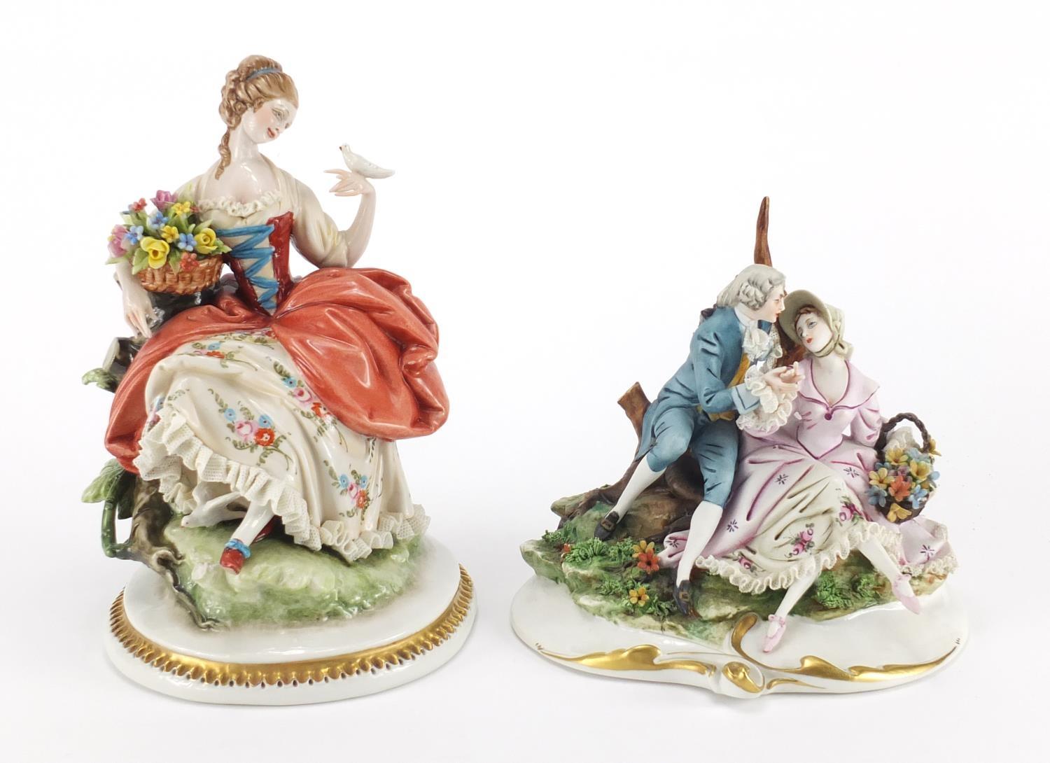 Capodimonte hand painted porcelain figure of two lovers and an example of a female holding a flower,
