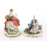 Capodimonte hand painted porcelain figure of two lovers and an example of a female holding a flower,