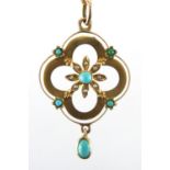 Unmarked gold turquoise and seed pearl pendant on a 9ct gold necklace, the pendant 4.2cm in