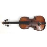 Old wooden violin, with scrolled neck and inlaid horn Tailpiece, together with a bow and case, the
