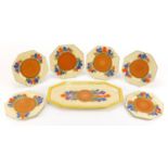 Clarice Cliff Bizarre six place sandwich set, hand painted in the Crocus pattern, factory marks