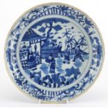 Chinese blue and white porcelain shallow dish, hand painted with figures and warriors in a Pavilion,