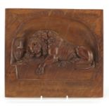 19th century continental oak relief carving of The Lion of Lucerne Monument, 30cm x 27cm : For
