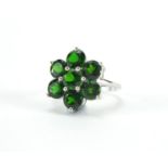 9ct gold green stone flower head ring, size P, approximate weight 5.9g : For Further Condition