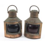 Pair of Tolman copper ships lanterns, Port and Starboard, each 22.5cm high : For Further Condition