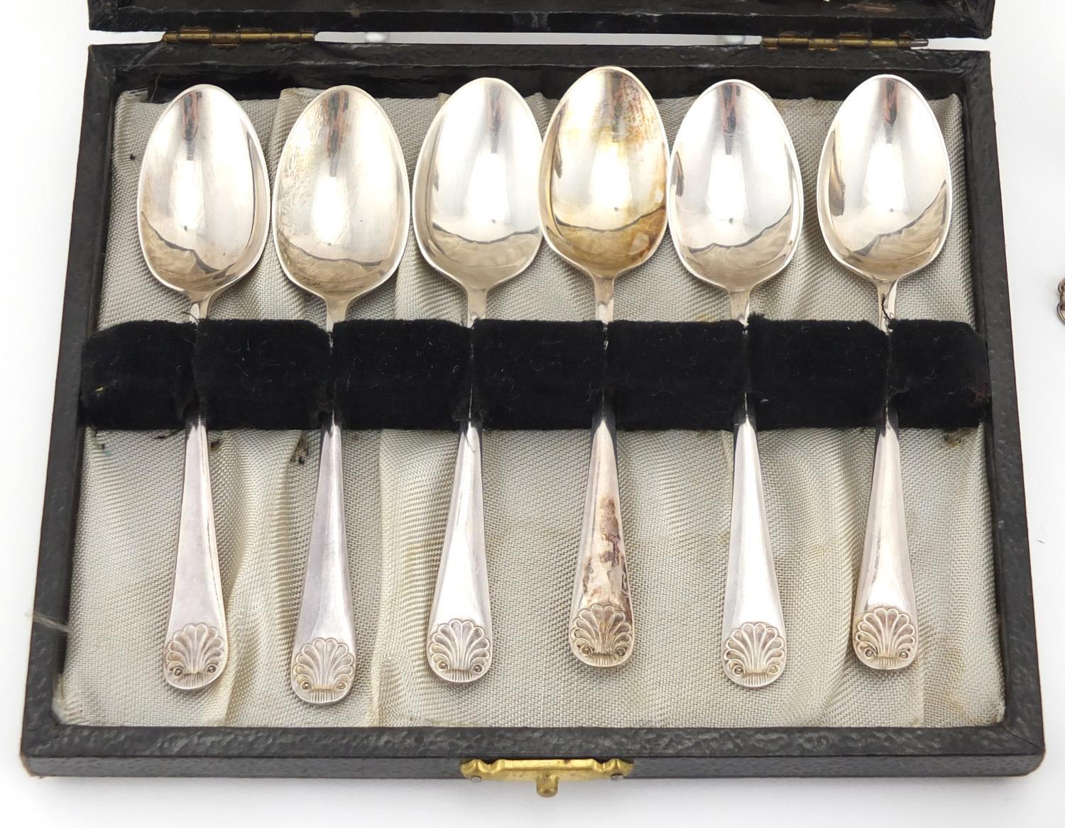 Silver items including a Victorian straining spoon, three decanter labels, a vesta and set of six - Image 2 of 6