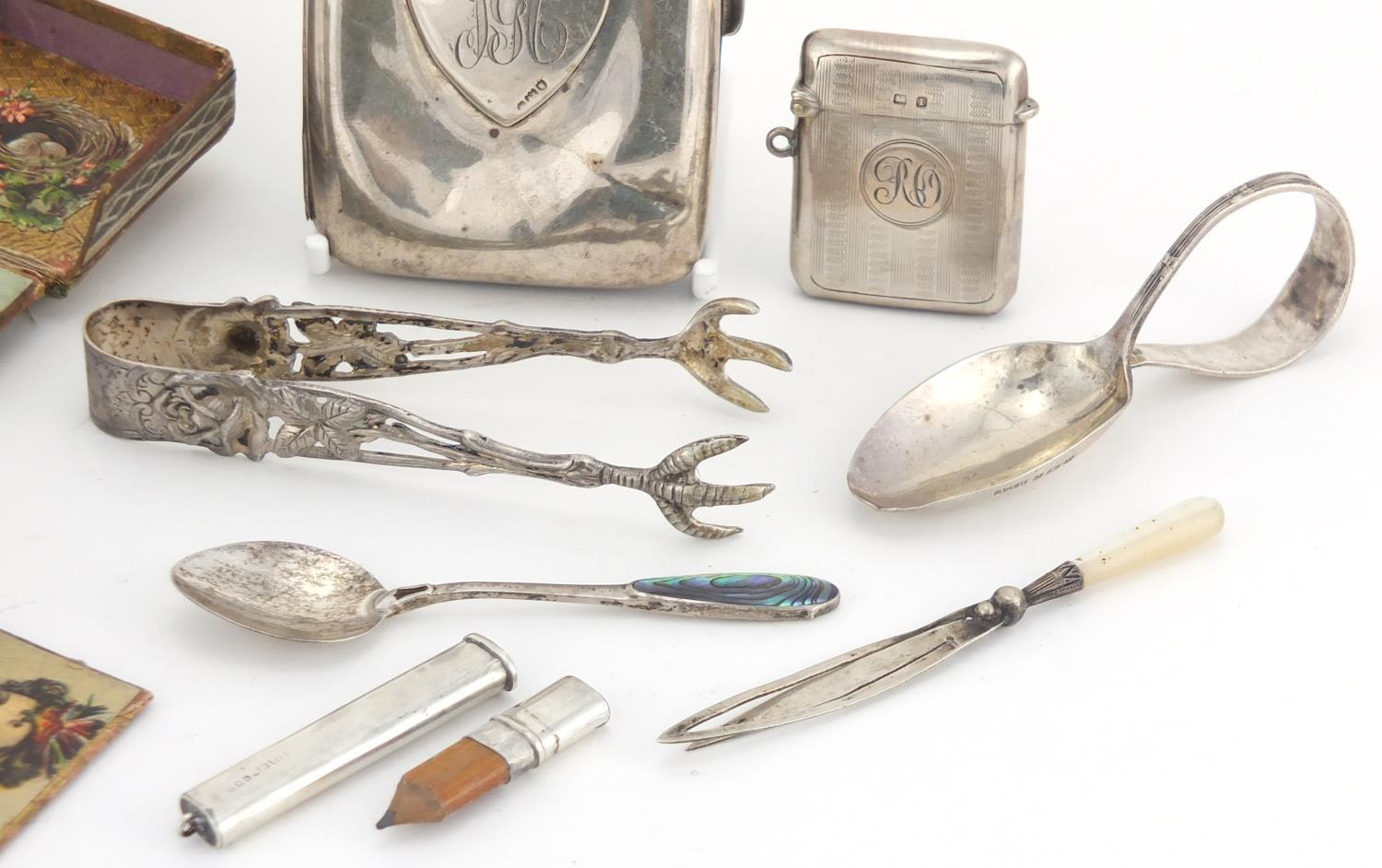 Victorian fold out sewing necessaire and a group of silver objects including cigarette case, vesta - Image 4 of 6