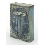 Rectangular Troika pottery brick vase, hand painted and incised with an abstract face and shapes