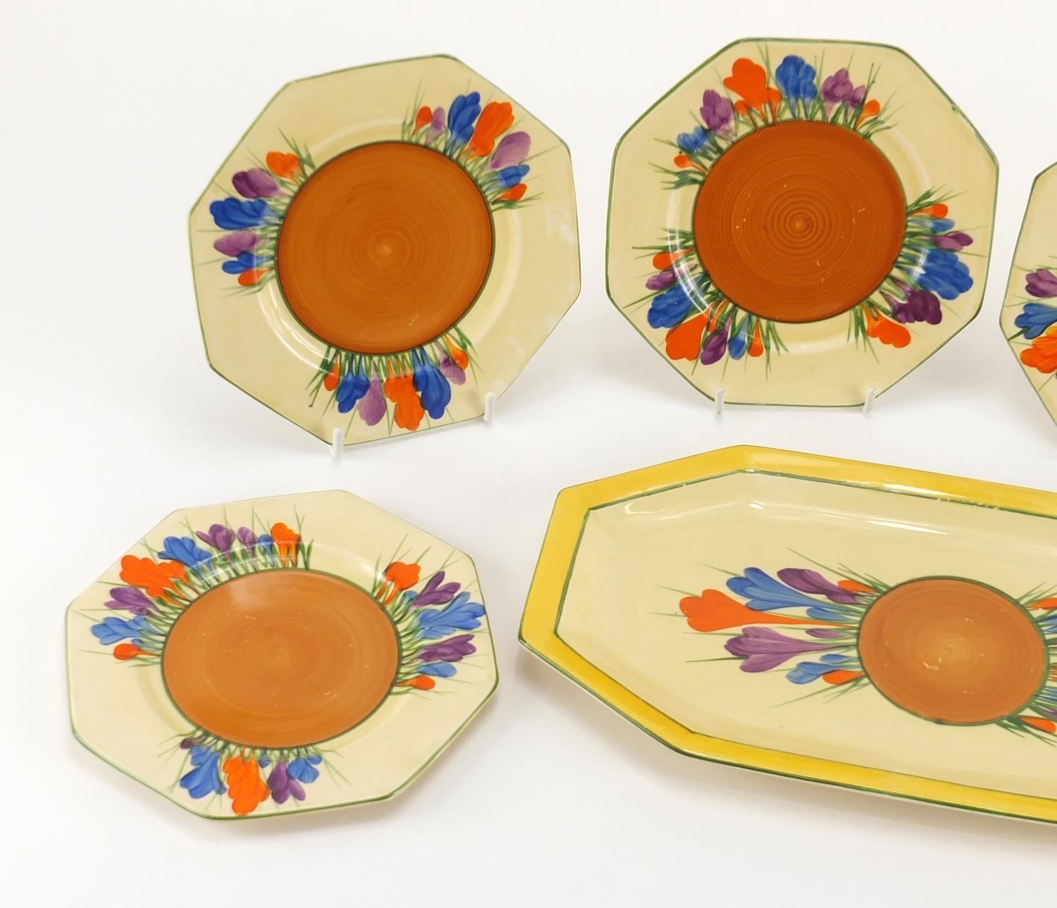 Clarice Cliff Bizarre six place sandwich set, hand painted in the Crocus pattern, factory marks - Image 2 of 5