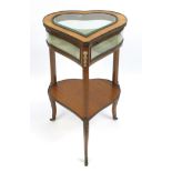 French rosewood bijouterie table, with heart shaped hinged lid having bevelled glass, undertier, and
