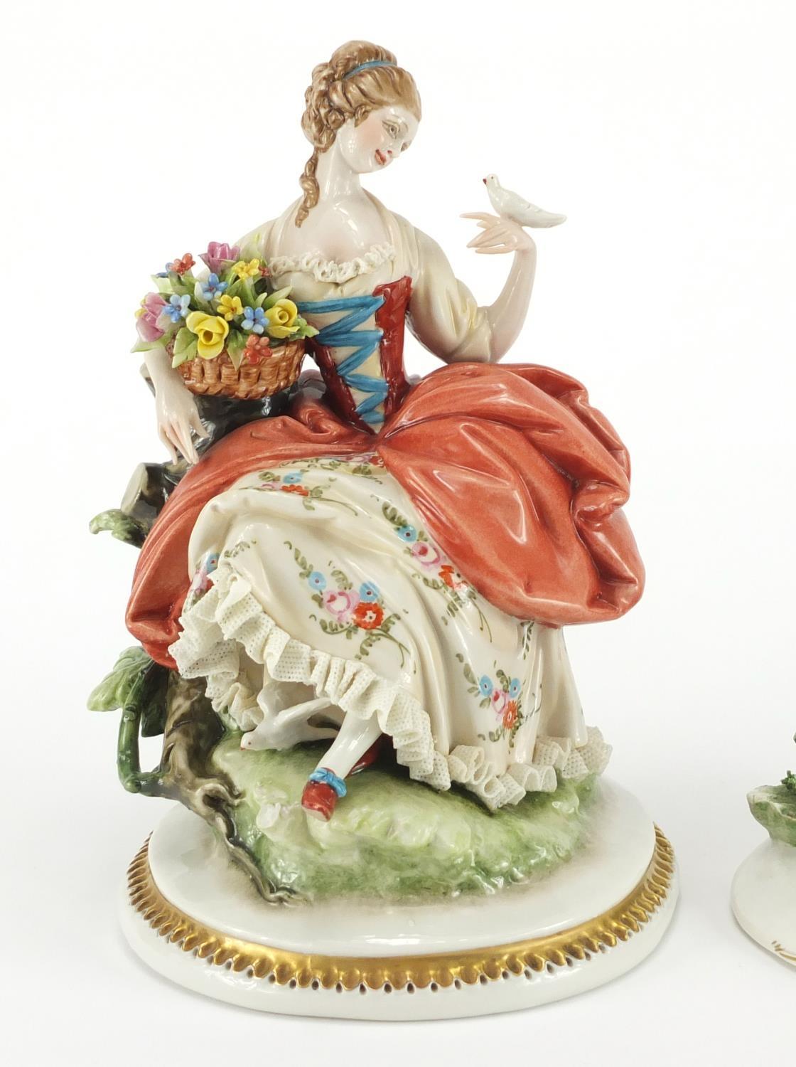 Capodimonte hand painted porcelain figure of two lovers and an example of a female holding a flower, - Image 2 of 8