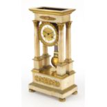 19th century gilt metal and alabaster mantel clock, with enamelled dial and Roman numerals, the dial