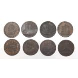 Nine late 18th century half penny Conder tokens including Blything, Bath, Shrewsbury, Leek and