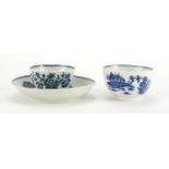Two 18th century Worcester tea bowls one with saucer, the tea bowl and saucer printed in the moth