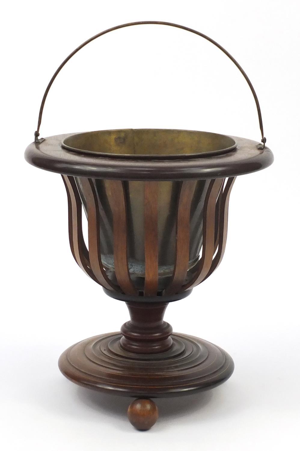 Regency style inlaid mahogany three footed planter with brass liner and swing handle, 40.5cm - Image 3 of 4