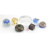 Colourful glass paperweights including Perthshire, Isle of Wight, Mdina, Langham and Caithness,