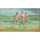 Three nude figures in the sea paddling, oil on card, bearing a signature Fantuzzi, mounted and
