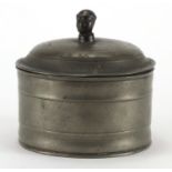 18th/19th century circle pewter tobacco jar, with turned body, figural head knop and lead tamping