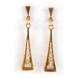 Pair of 9ct gold diamond drop earrings, 3.5cm in length, approximate weight 2.6g : For Further