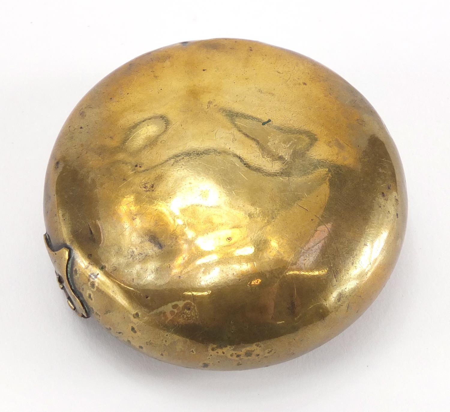 Late 18th century circular brass secret snuff box, 8.5cm in diameter :For Further Condition - Image 4 of 4