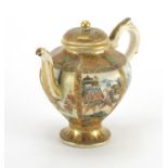 Japanese Satsuma pottery teapot with hexagonal body, hand painted and gilded with warriors and