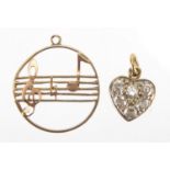 Two 9ct gold charms comprising musical note and cubic zirconia love heart, the largest 1.8cm in