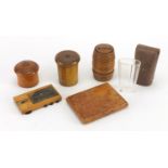 Mostly antique treen including burr snuff box, whist marker and etched glass beaker housed in an