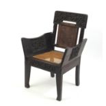 Antique Anglo Indian carved hardwood occasional chair, with cane back and seat, 91.5cm high : For