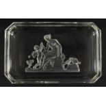 Baccarat glass dish with canted corners, etched with a semi nude maiden and cupid, 12.5cm x 8cm :