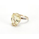 9ct gold green stone tear drop ring, with diamond set shoulders, size O, approximate weight 3.5g :