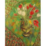 Still life flowers in a vase, oil on board, bearing a signature E V Blackadder, mounted and