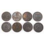 Eight late 18th century Conder half penny tokens including Pro Bono Publico Coventry and Lace
