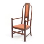 Arts & Crafts inlaid mahogany open armchair, with geometric upholstered back and seat, remnants of
