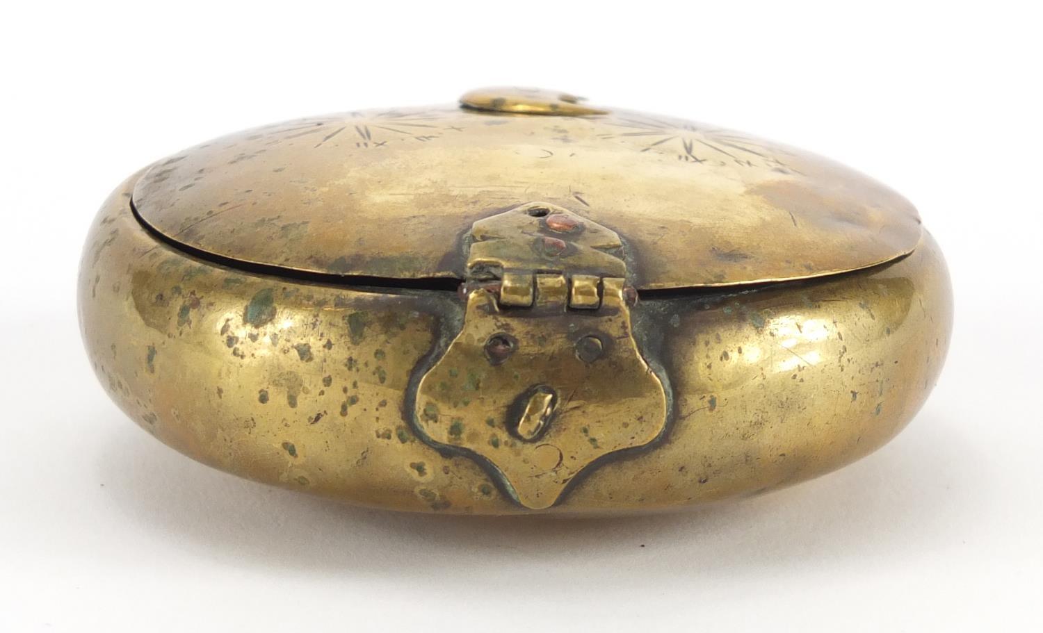 Late 18th century circular brass secret snuff box, 8.5cm in diameter :For Further Condition - Image 3 of 4