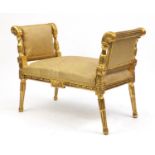 Ornate French gilt window seat, with gold stuff over upholstery, 70cm H x 97cm W x 46cm D : For