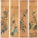 Set of four Chinese scrolls, each hand painted with birds of Paradise, with script and red seal