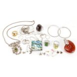 Silver and white metal jewellery some set with precious stones including necklaces, rings and
